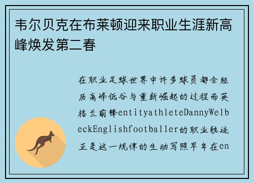 韦尔贝克在布莱顿迎来职业生涯新高峰焕发第二春