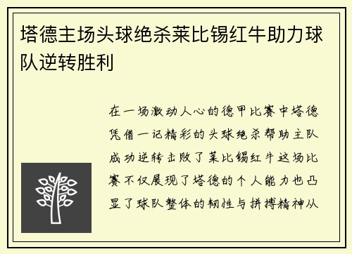 塔德主场头球绝杀莱比锡红牛助力球队逆转胜利